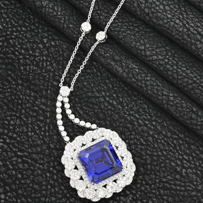Chairman Vault Collection Certified &amp; Appraised RHAPSODY AAAA Tanzanite, Diamond Halo Necklace in 950 Platinum 18 Inches 43.35 Ct. 7768363 2