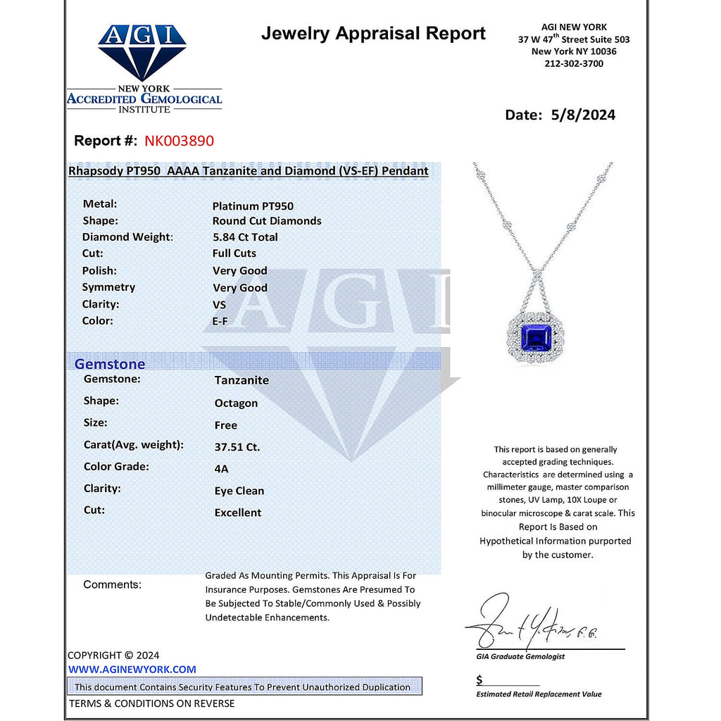 Certified and Appraised RHAPSODY 950 Platinum AAAA Tanzanite, White Diamond VS Pendant 43.35 Ct.