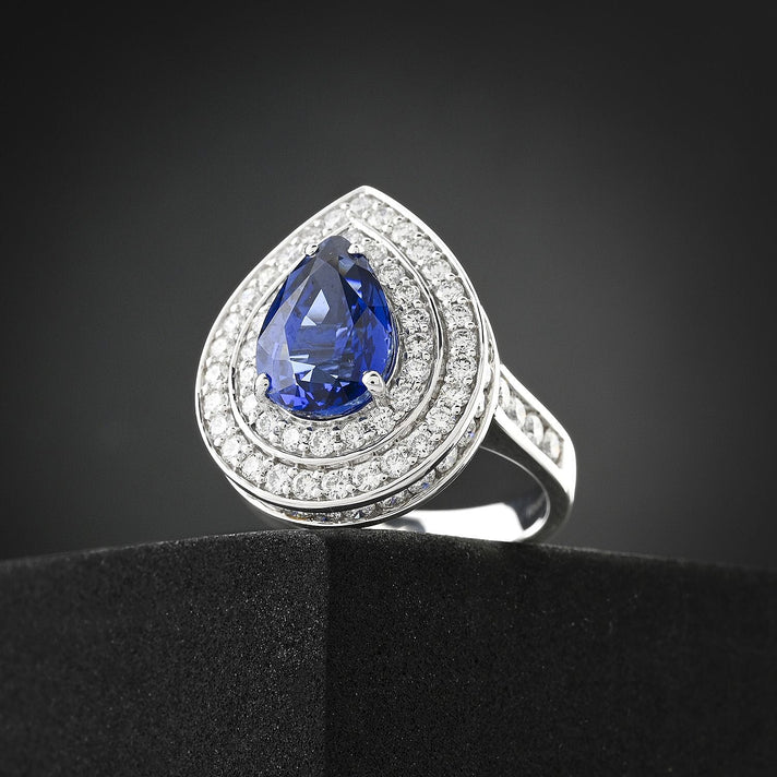 Chairman's Vault Collection Certified &amp; Appraised RHAPSODY AAAA Blue Ceylon Sapphire, Natural Diamond Double Halo Ring in 950 Platinum 6.05 Ct. 7775533 2
