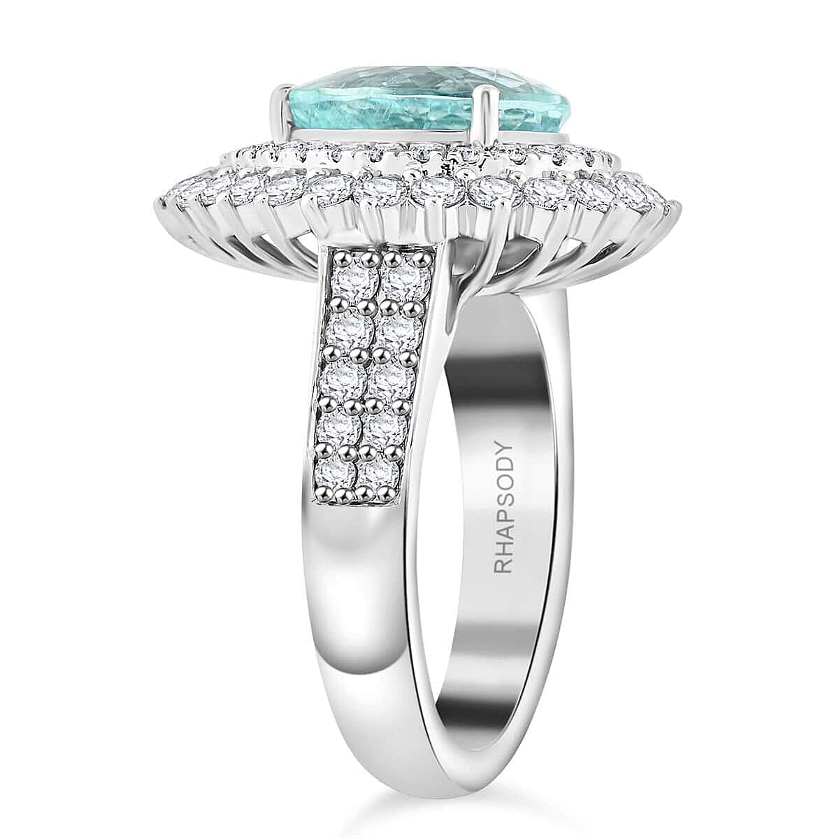 RHAPSODY AGI Certified 5.4 Ct. AAAA Paraiba Tourmaline, Natural Diamond VS E-F Halo Ring in 950 Platinum 7860211 5