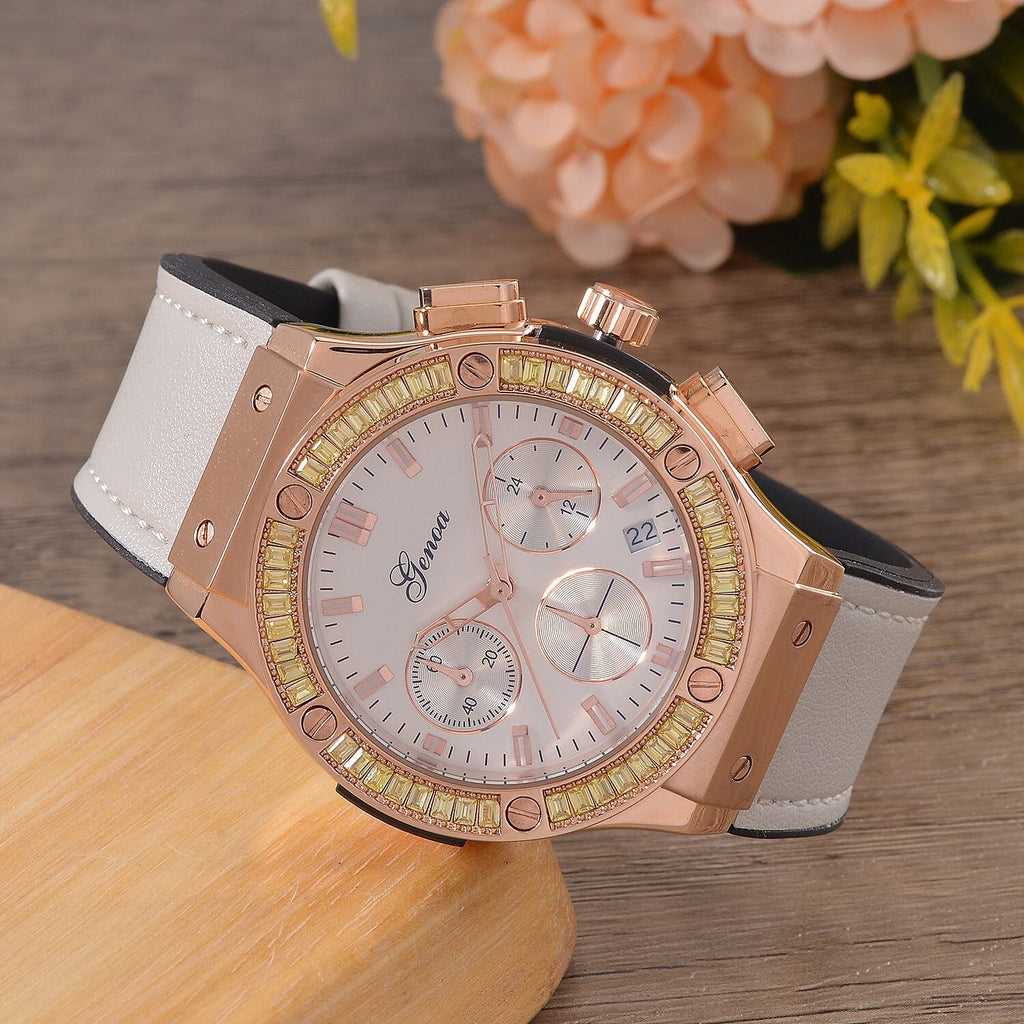 GENOA Time V2 Multifunction Movt. Embellished with Champagne CZ  WR Watch in Rose Gold Tone with Grey Silicon Strap