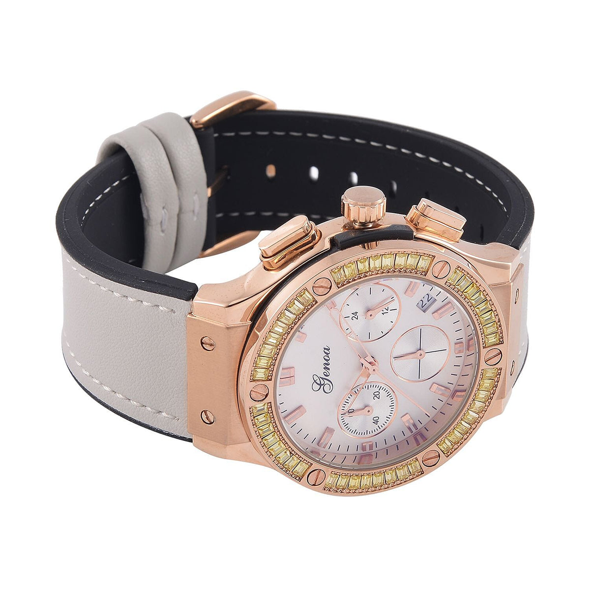 GENOA Time V2 Multifunction Movt. Embellished with Champagne CZ  WR Watch in Rose Gold Tone with Grey Silicon Strap 7620633 4