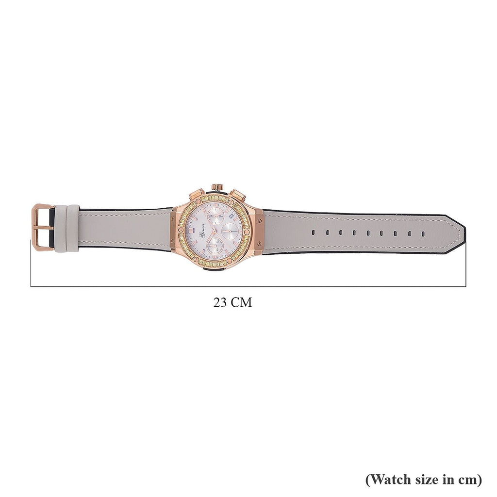 GENOA Time V2 Multifunction Movt. Embellished with Champagne CZ  WR Watch in Rose Gold Tone with Grey Silicon Strap
