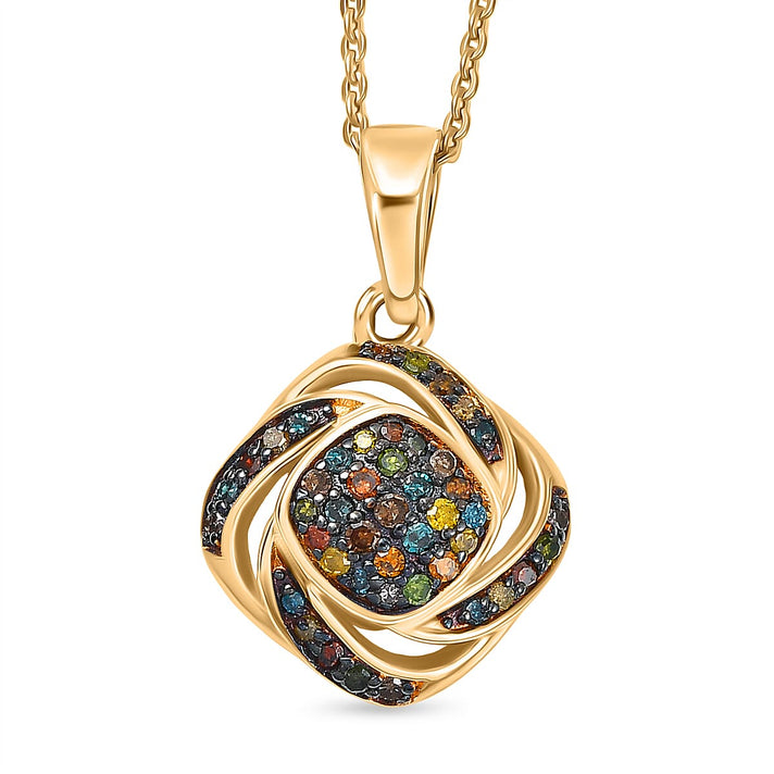 GP Family Legacy Italy - Natural Earth Mined Champagne Diamond, Green, Yellow, Red &amp; Blue Diamond With Kanchanaburi Blue Sapphire Pendant with Chain (Size 20) in 18K Gold Vermeil Sterling Silver 4446937 1