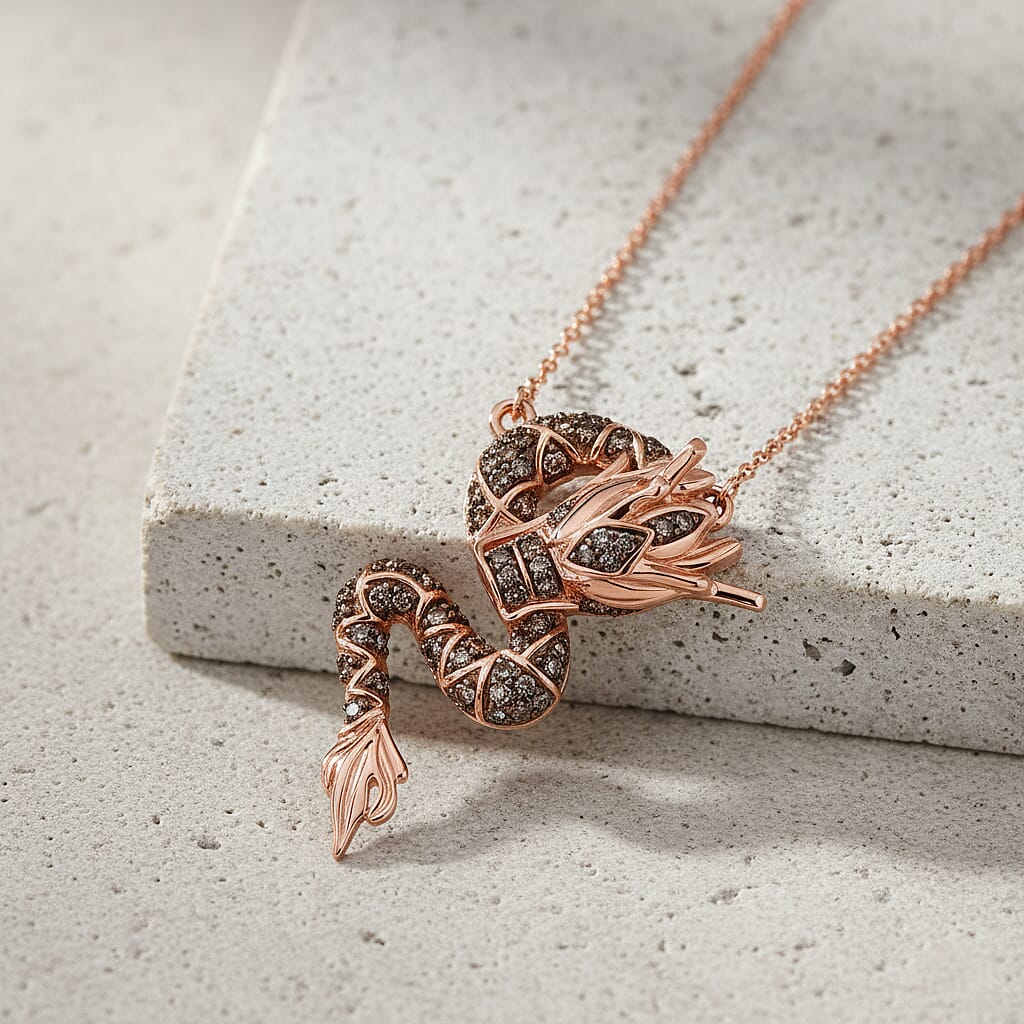 GP - Dragon Collection Champagne Diamond (SI-CP), Kanchanaburi Blue Sapphire &amp; Green Diamond Pendant with Chain (Size 20) in 18K Vermeil Rose Gold Plated Sterling Silver 0.27 Ct. 4437168 1