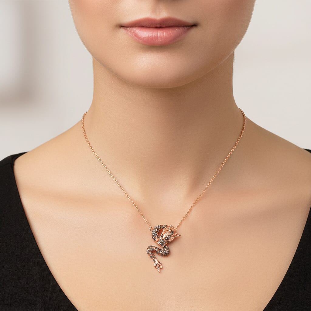 GP - Dragon Collection Champagne Diamond (SI-CP), Kanchanaburi Blue Sapphire &amp; Green Diamond Pendant with Chain (Size 20) in 18K Vermeil Rose Gold Plated Sterling Silver 0.27 Ct. 4437168 2