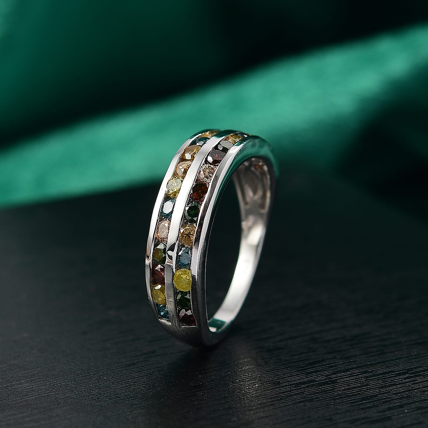 Champagne Diamond &amp; Multi Gemstones Ring in Rhodium Overlay Sterling Silver 1.00 Ct. 8158943 2