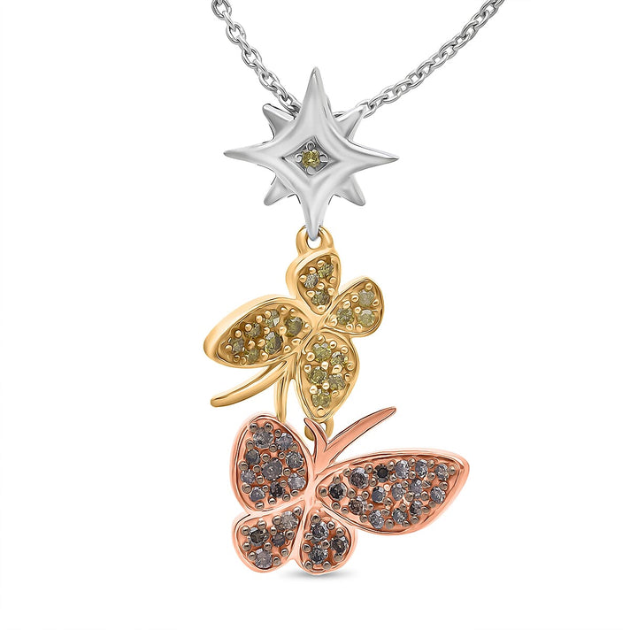 GP Italian Garden Collection - Champagne Diamond (SI/CP), Yellow Diamond &amp; Blue Sapphire Butterfly Pendant with Chain (Size 20) in Tri Colour Tone Sterling Silver 0.28 Ct. 4436755 1