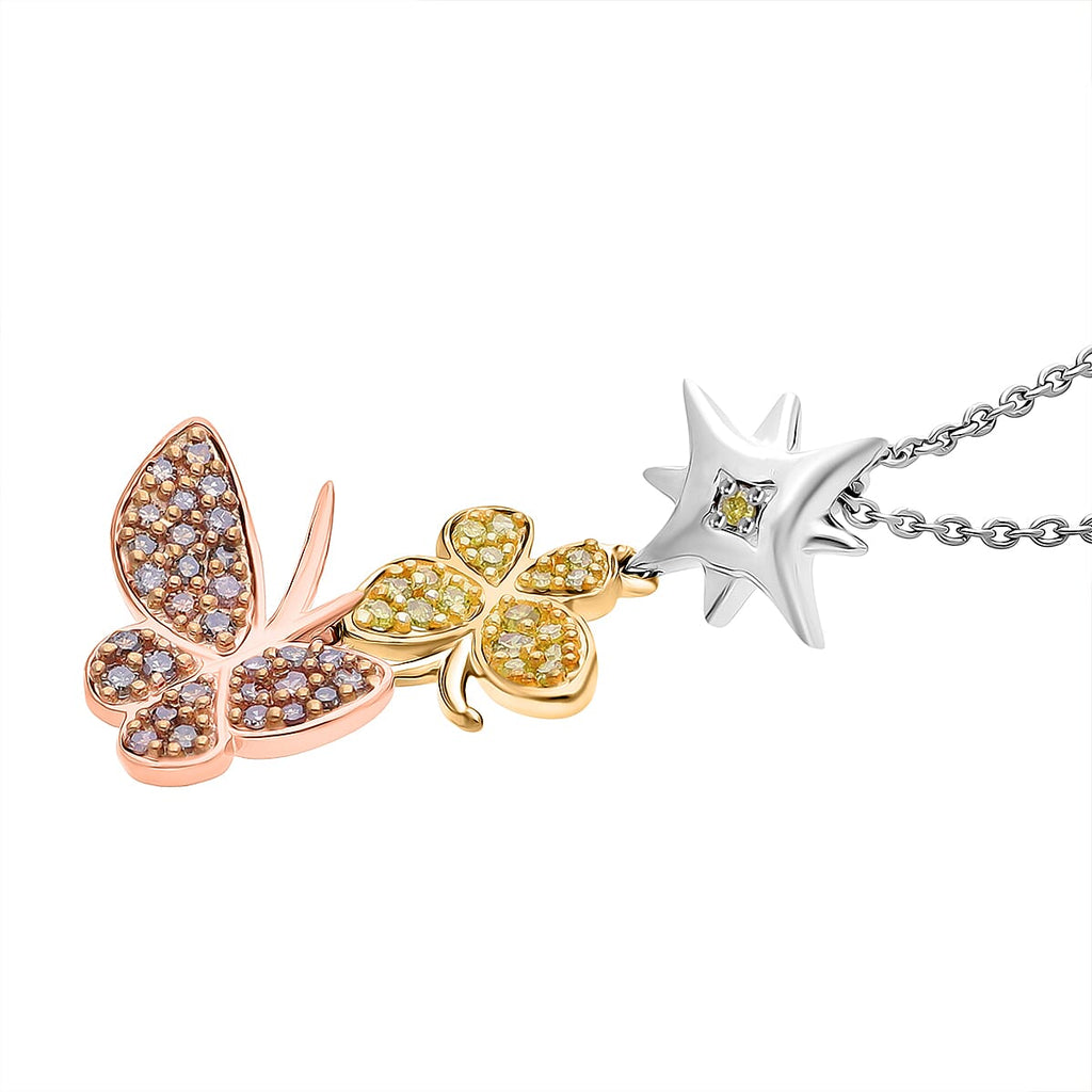 GP Italian Garden Collection - Champagne Diamond (SI-CP), Yellow Diamond & Blue Sapphire Butterfly Pendant with Chain (Size 20) in Tri Colour Tone Sterling Silver 0.28 Ct.