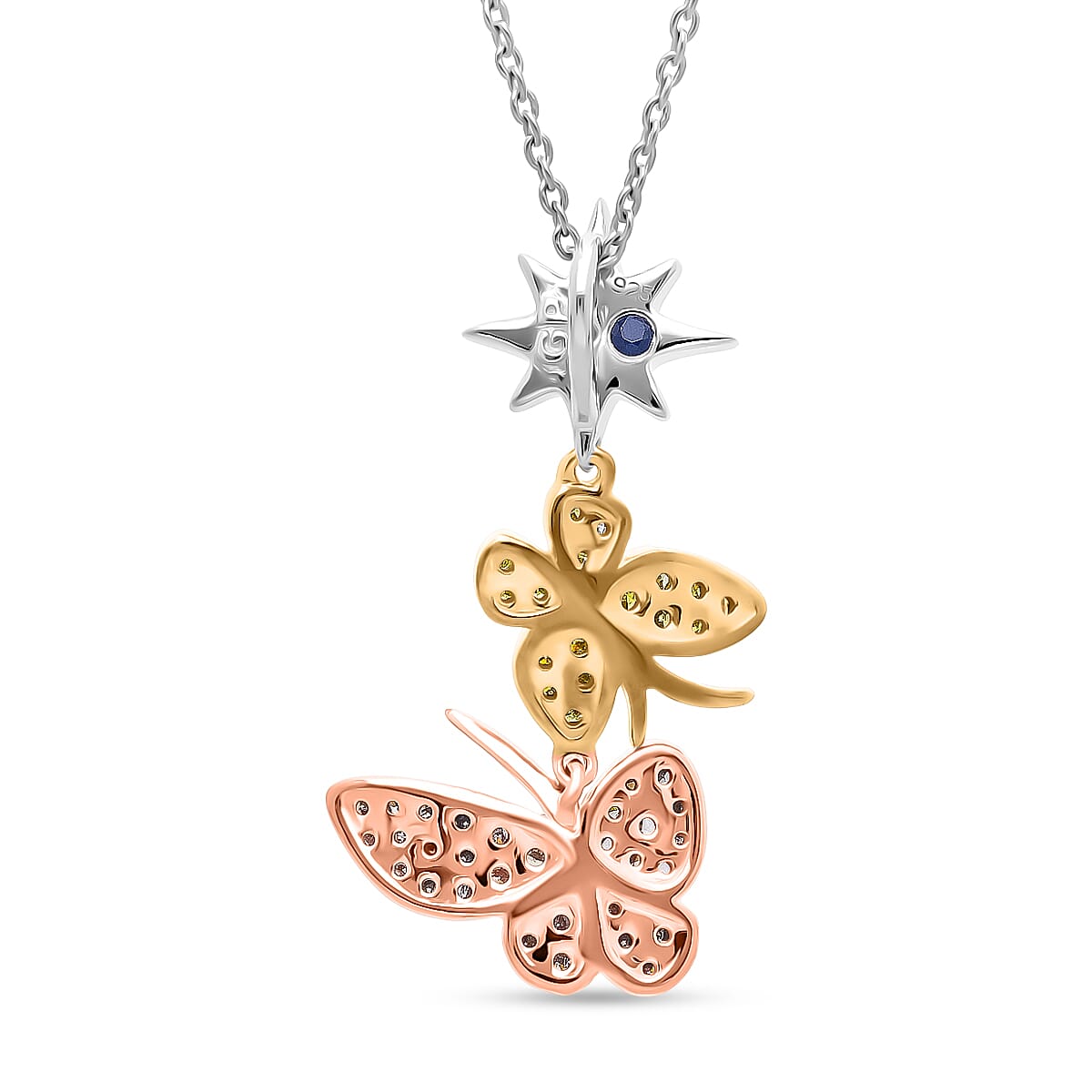 GP Italian Garden Collection - Champagne Diamond (SI/CP), Yellow Diamond &amp; Blue Sapphire Butterfly Pendant with Chain (Size 20) in Tri Colour Tone Sterling Silver 0.28 Ct. 4436755 4