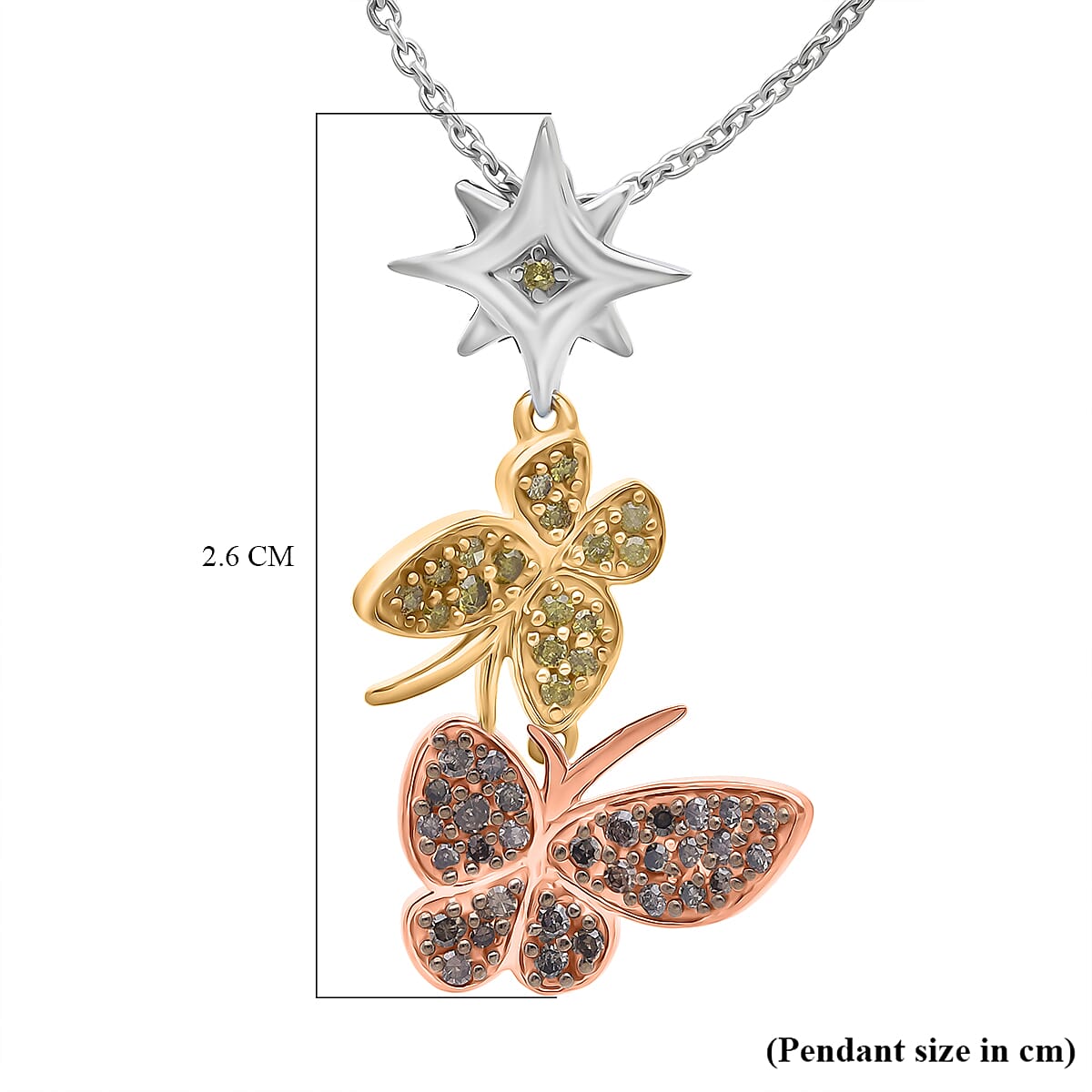 GP Italian Garden Collection - Champagne Diamond (SI/CP), Yellow Diamond &amp; Blue Sapphire Butterfly Pendant with Chain (Size 20) in Tri Colour Tone Sterling Silver 0.28 Ct. 4436755 5
