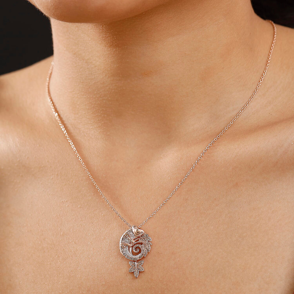 Champagne & White Diamond Chameleon Motif Pendant with Chain (Size 20) in 18K Vermeil Rose Gold Plated Sterling Silver 0.70 Ct.