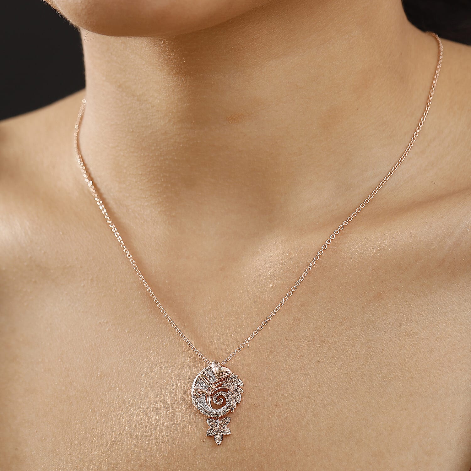 Champagne &amp; White Diamond Chameleon Motif Pendant with Chain (Size 20) in 18K Vermeil Rose Gold Plated Sterling Silver 0.70 Ct. 4325840 2