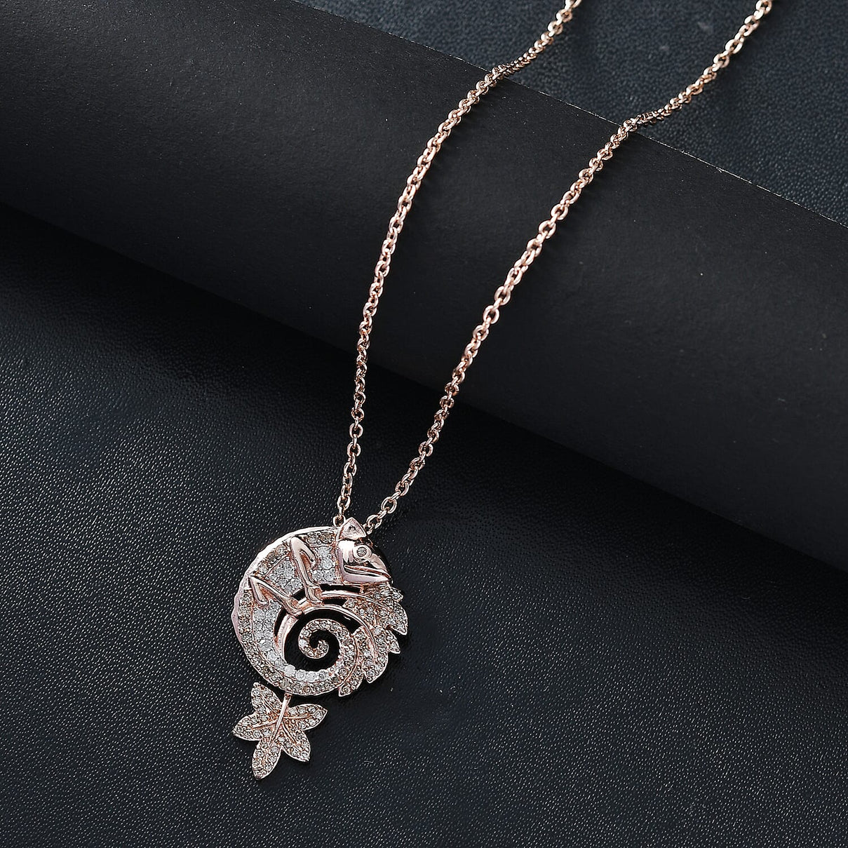 Champagne &amp; White Diamond Chameleon Motif Pendant with Chain (Size 20) in 18K Vermeil Rose Gold Plated Sterling Silver 0.70 Ct. 4325840 3