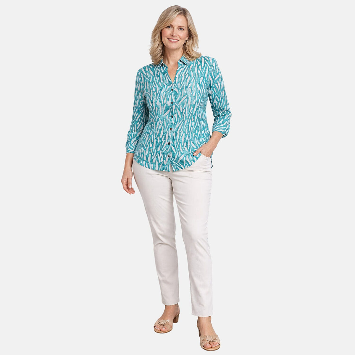 Charlotte West 100% Cotton Printed 3-4 Sleeve Blouse With Side Vent (Size 10) - Teal Blue 8228362 0