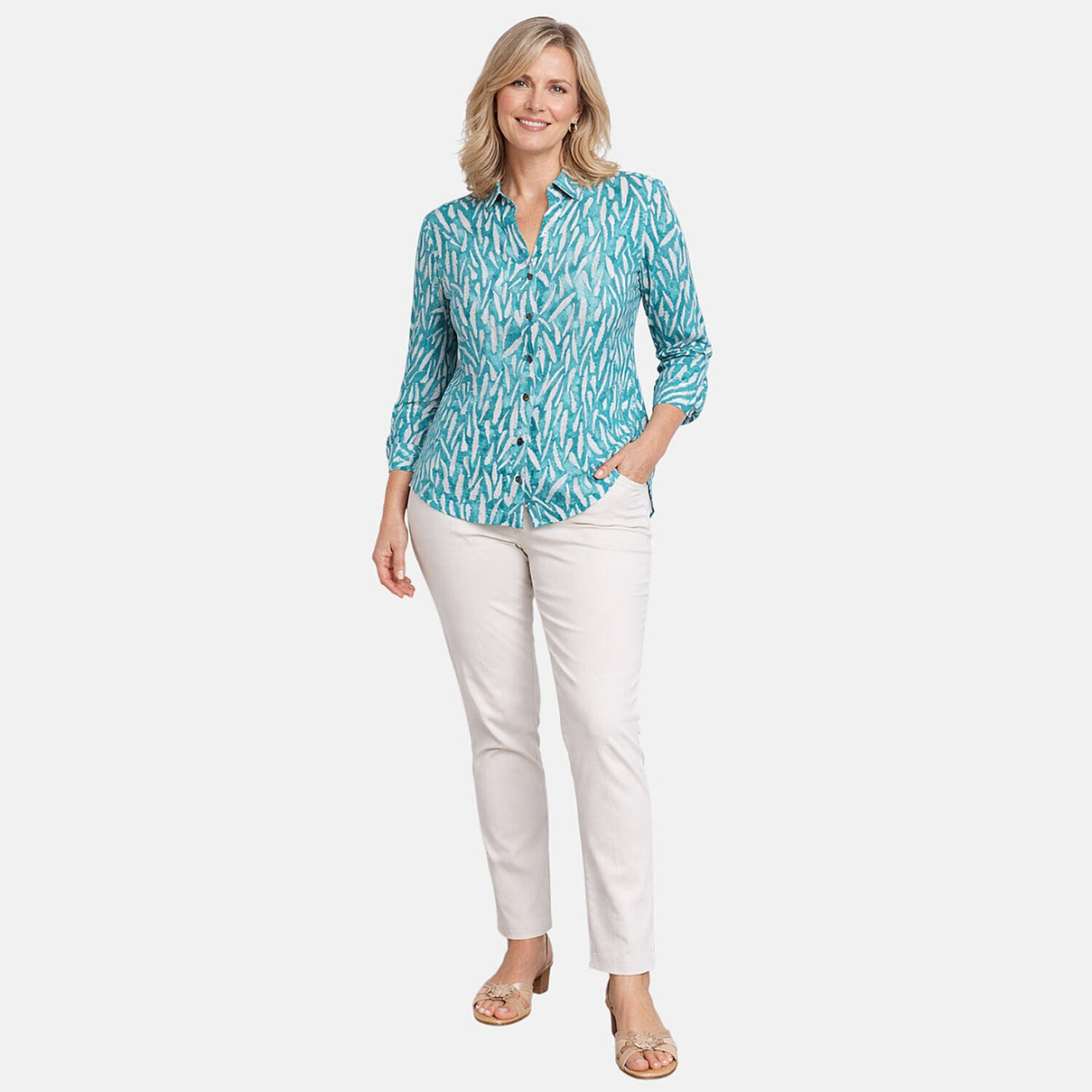 Charlotte West 100% Cotton Printed 3-4 Sleeve Blouse With Side Vent (Size 14) - Teal Blue 8228363 0