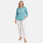 Charlotte West 100% Cotton Printed 3-4 Sleeve Blouse With Side Vent (Size 14) - Teal Blue