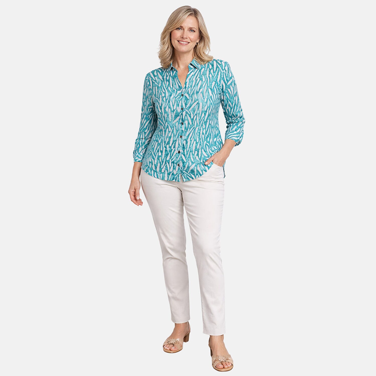 Charlotte West 100% Cotton Printed 3-4 Sleeve Blouse With Side Vent (Size 14) - Teal Blue 8228363 0