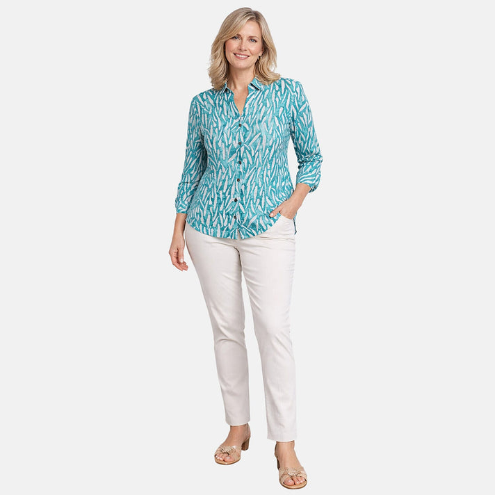 Charlotte West 100% Cotton Printed 3-4 Sleeve Blouse With Side Vent (Size 14) - Teal Blue 8228363 1