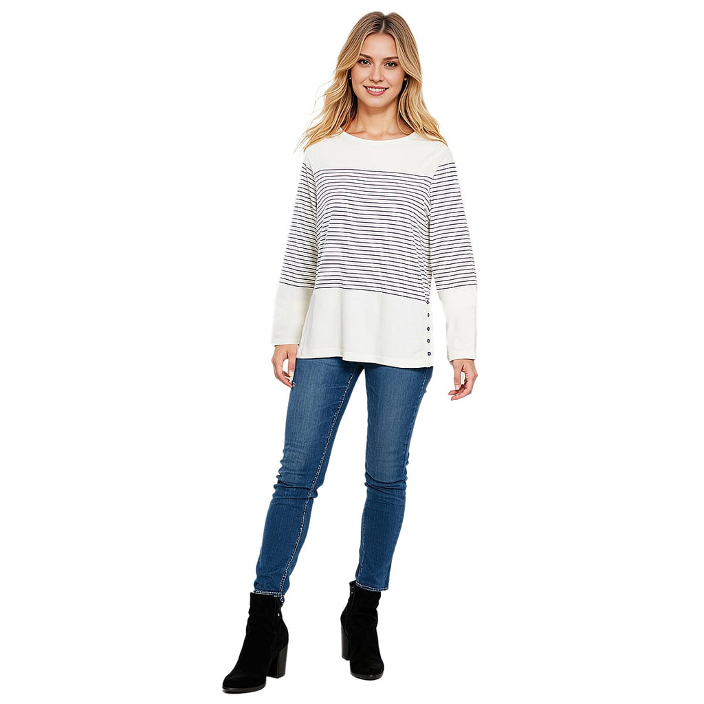 Charlotte West - 100% Cotton Stripe Long Sleeve Top with Button Sides (Size 20) - Navy