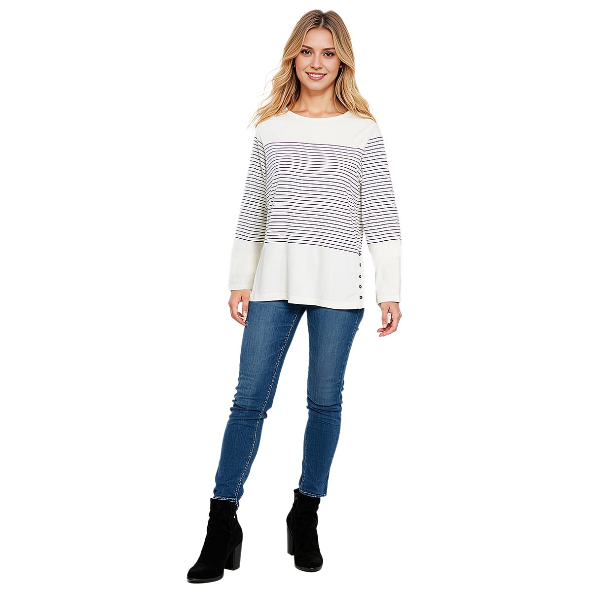 Charlotte West - 100% Cotton Stripe Long Sleeve Top with Button Sides (Size 20) - Navy V32611938 0