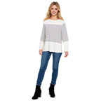 Charlotte West - 100% Cotton Stripe Long Sleeve Top with Button Sides (Size 20) - Navy