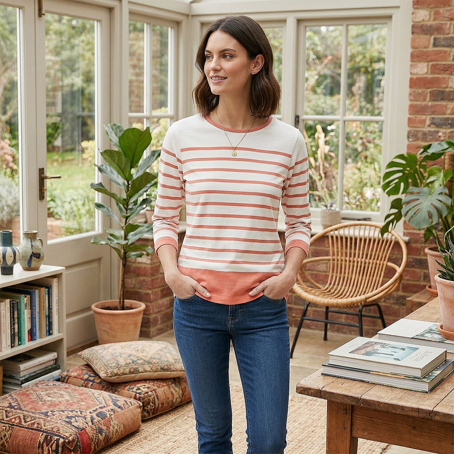 Charlotte West 100% Cotton Striped Jersey Tee (Size 12) - Coral 8228409 1