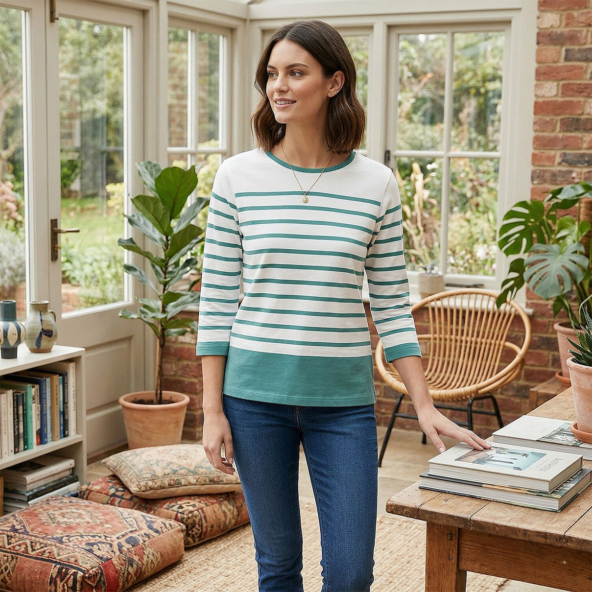 Charlotte West 100% Cotton Striped Jersey Tee (Size 16) - Aqua V32512453 1