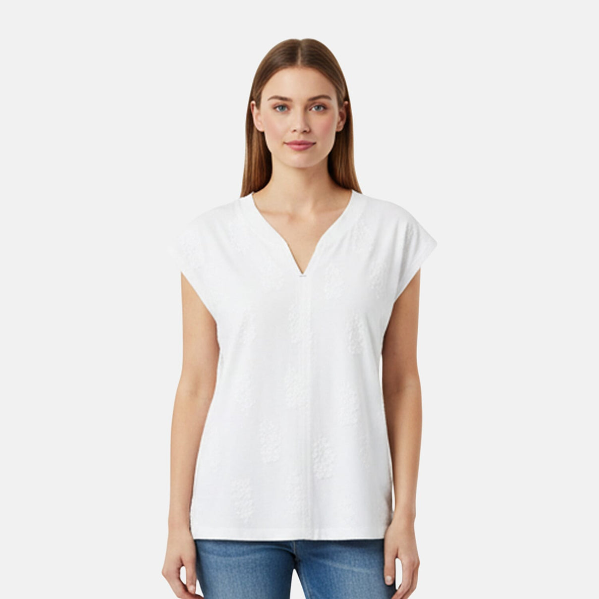 Charlotte West 100% Cotton Textured Knit V-Neck Embroidered Top (Size 10) - White 8229043 0