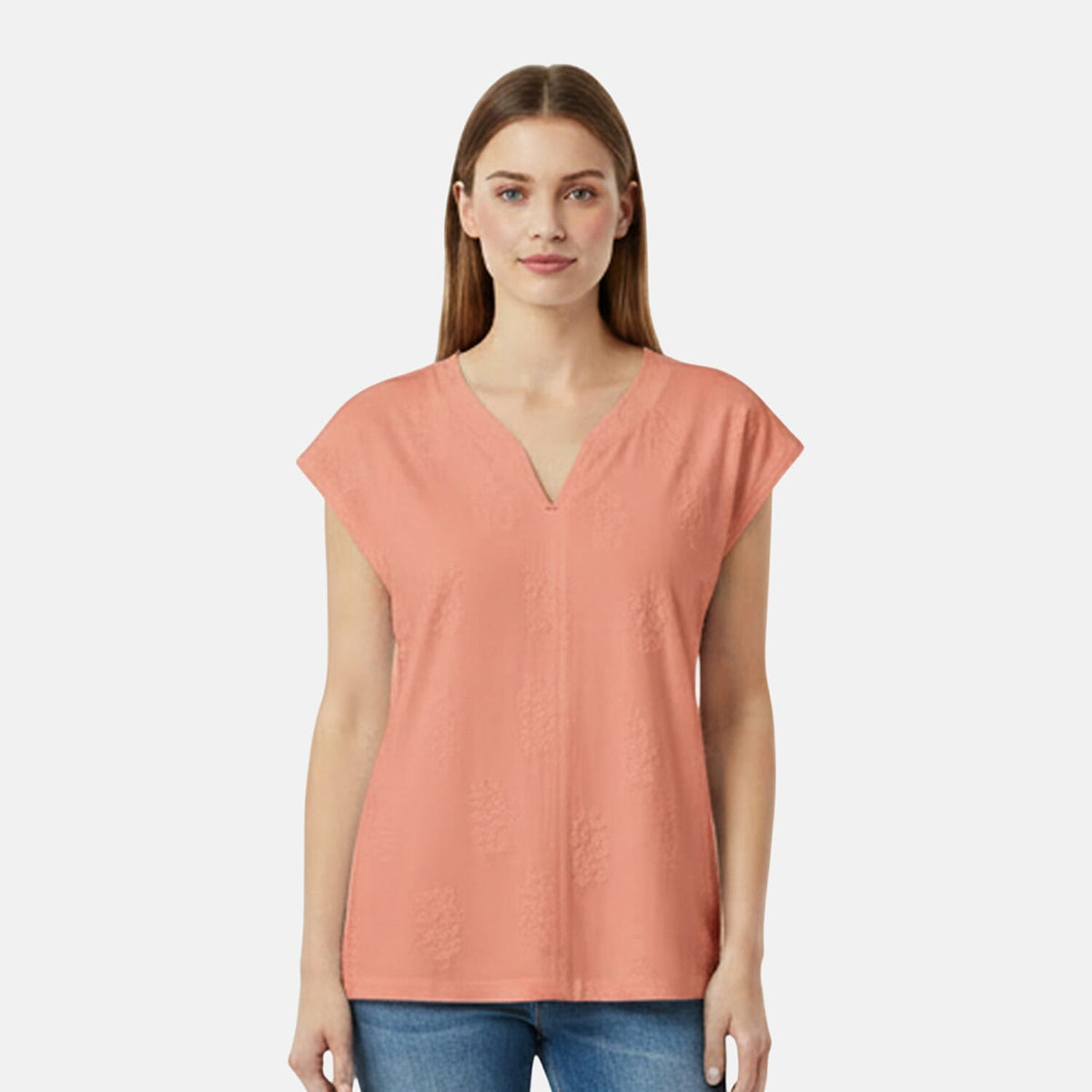 Charlotte West 100% Cotton Textured Knit V-Neck Embroidered Top (Size 12) - Orange V32611863 0
