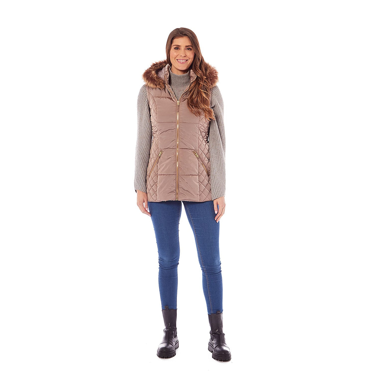 Charlotte West Harley Fur Trim Hooded Ladies Gilet - Champagne 7724450 2
