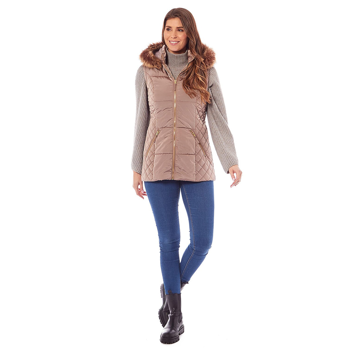 Charlotte West Harley Fur Trim Hooded Ladies Gilet - Champagne 7724450 3