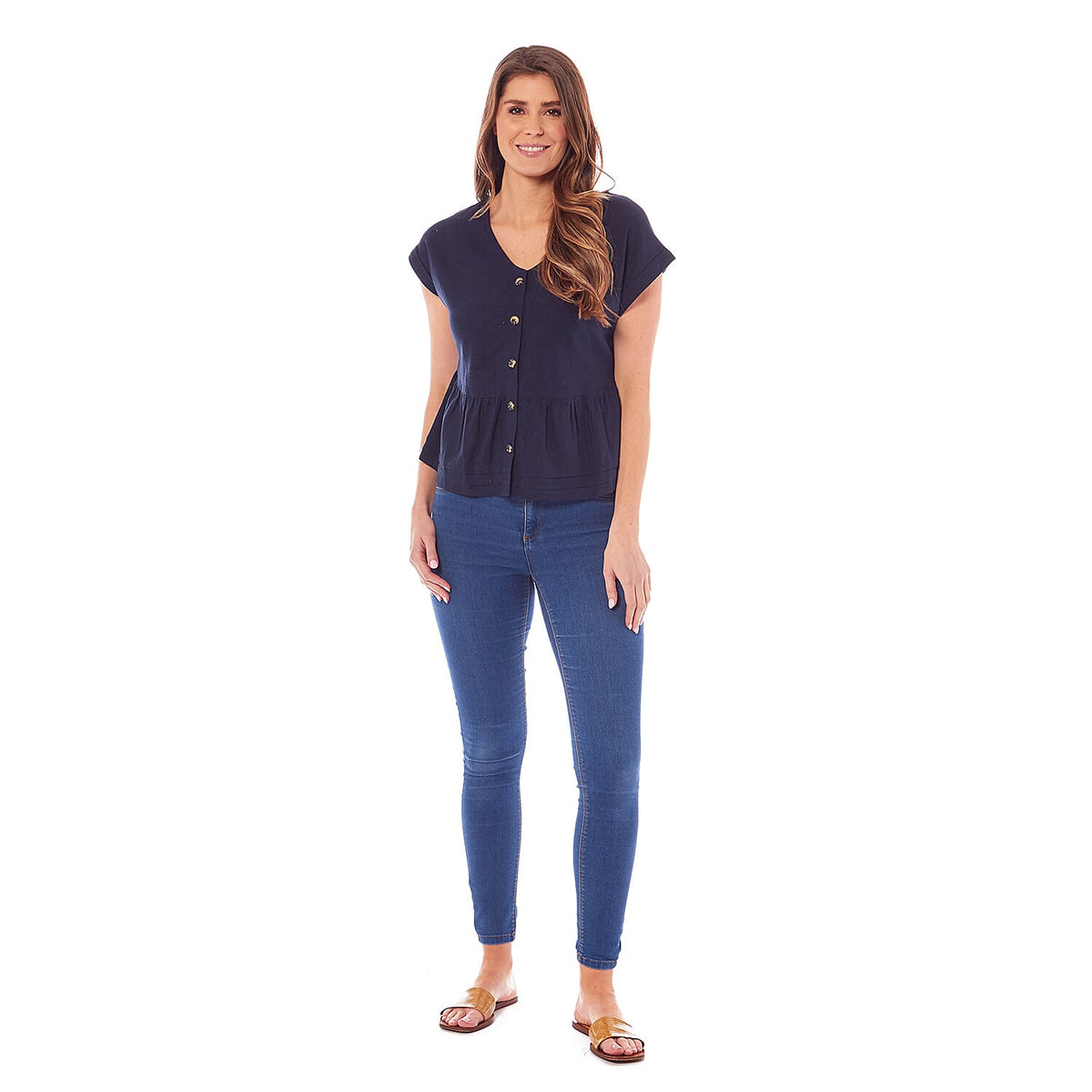 Charlotte West Ladies Linen Button Front Top (Size 10) - Navy V32619893 0