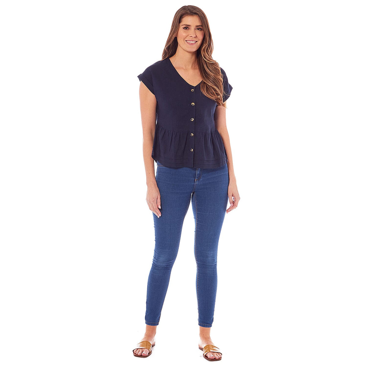 Charlotte West Ladies Linen Button Front Top (Size 10) - Navy V32619893 1