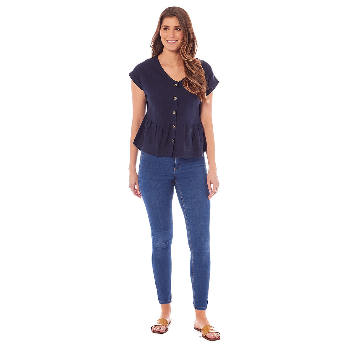 Charlotte West Ladies Linen Button Front Top (Size 10) - Navy V32619893 3