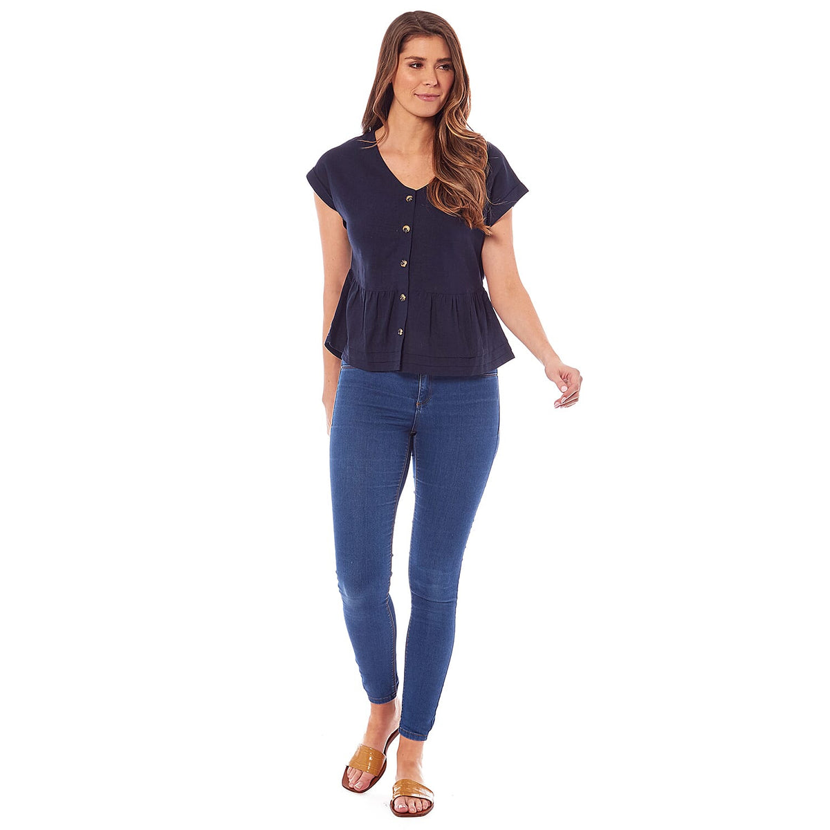 Charlotte West Ladies Linen Button Front Top (Size 10) - Navy V32619893 4