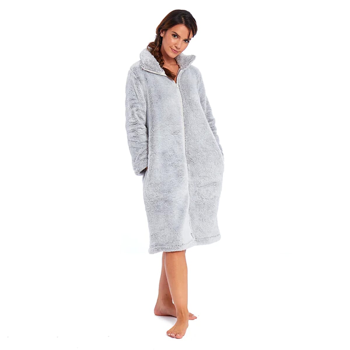 Charlotte West Ladies Zip Up Thick Piled Robe (Size 8-10) - Light Grey 7677011 1