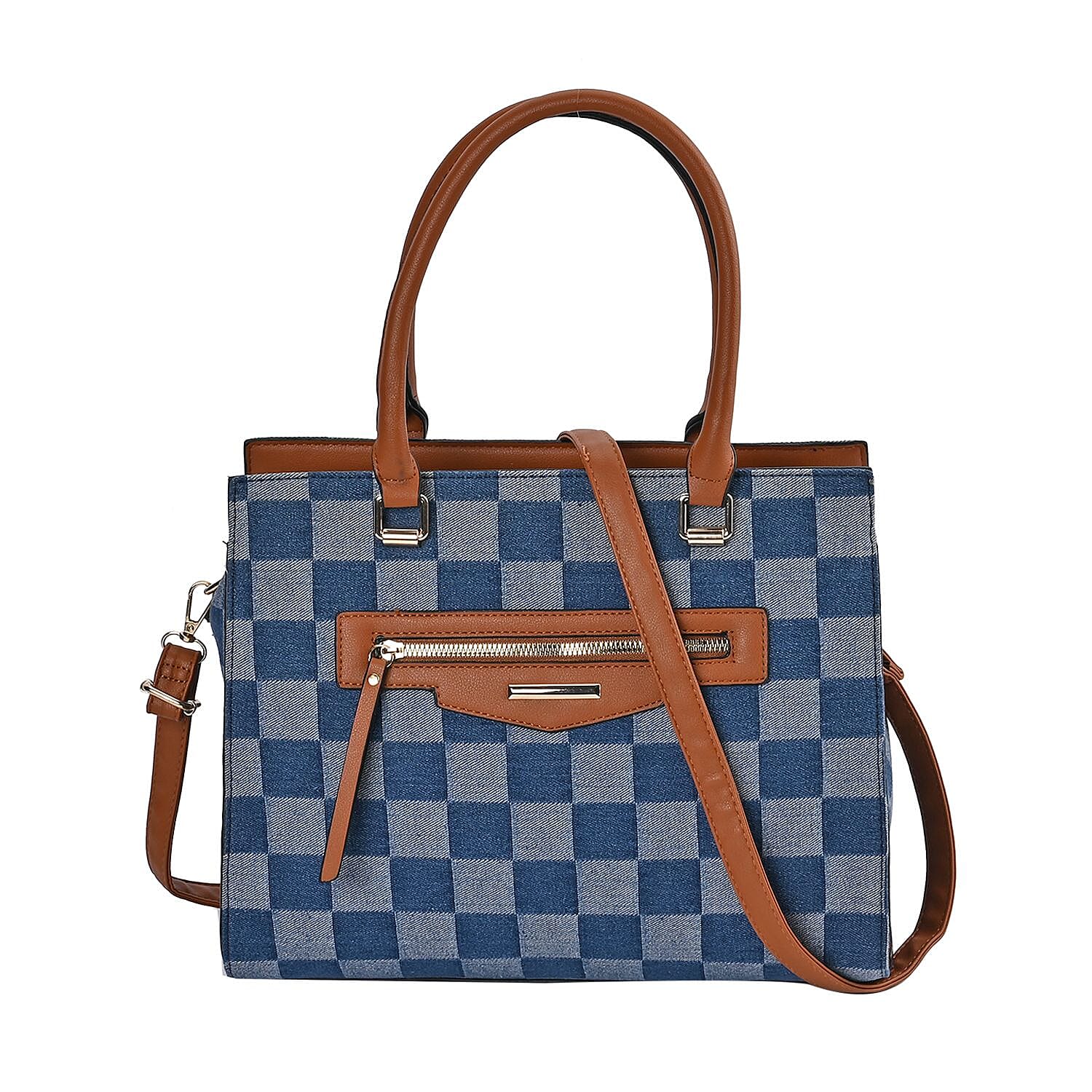 Checker Pattern Crossbody Bag With 2 Exterior Zipper Pockets &amp; Handle Drop - Blue 7565001 0