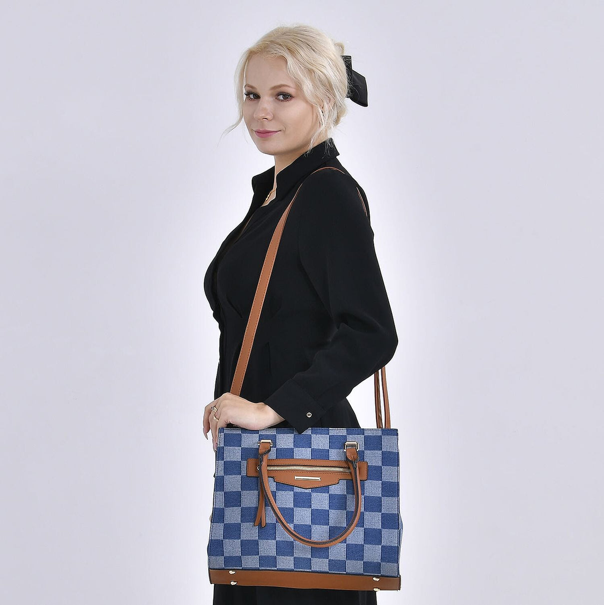 Checker Pattern Crossbody Bag With 2 Exterior Zipper Pockets &amp; Handle Drop - Blue 7565001 1