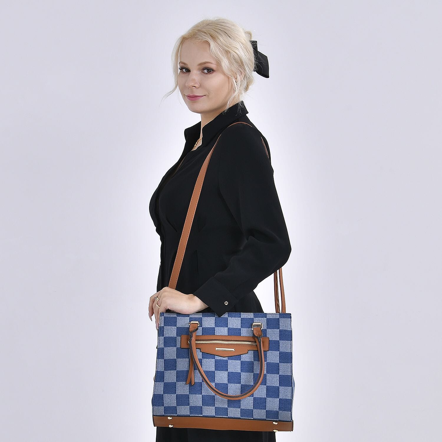 Checker Pattern Crossbody Bag With 2 Exterior Zipper Pockets &amp; Handle Drop - Blue 7565001 1