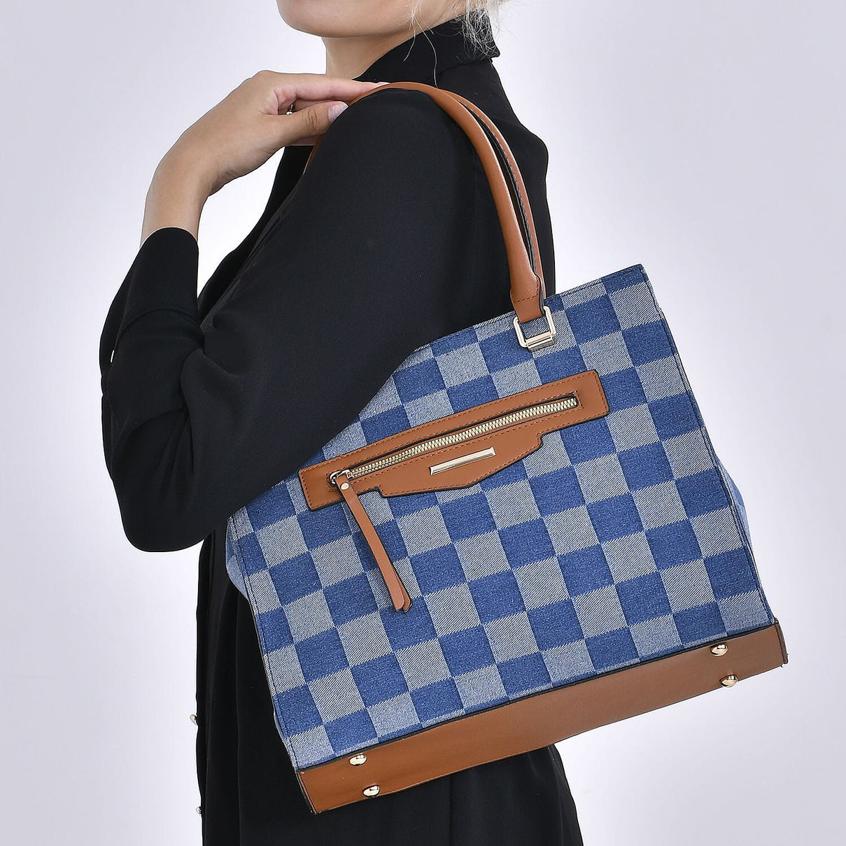 Checker Pattern Crossbody Bag With 2 Exterior Zipper Pockets &amp; Handle Drop - Blue 7565001 2