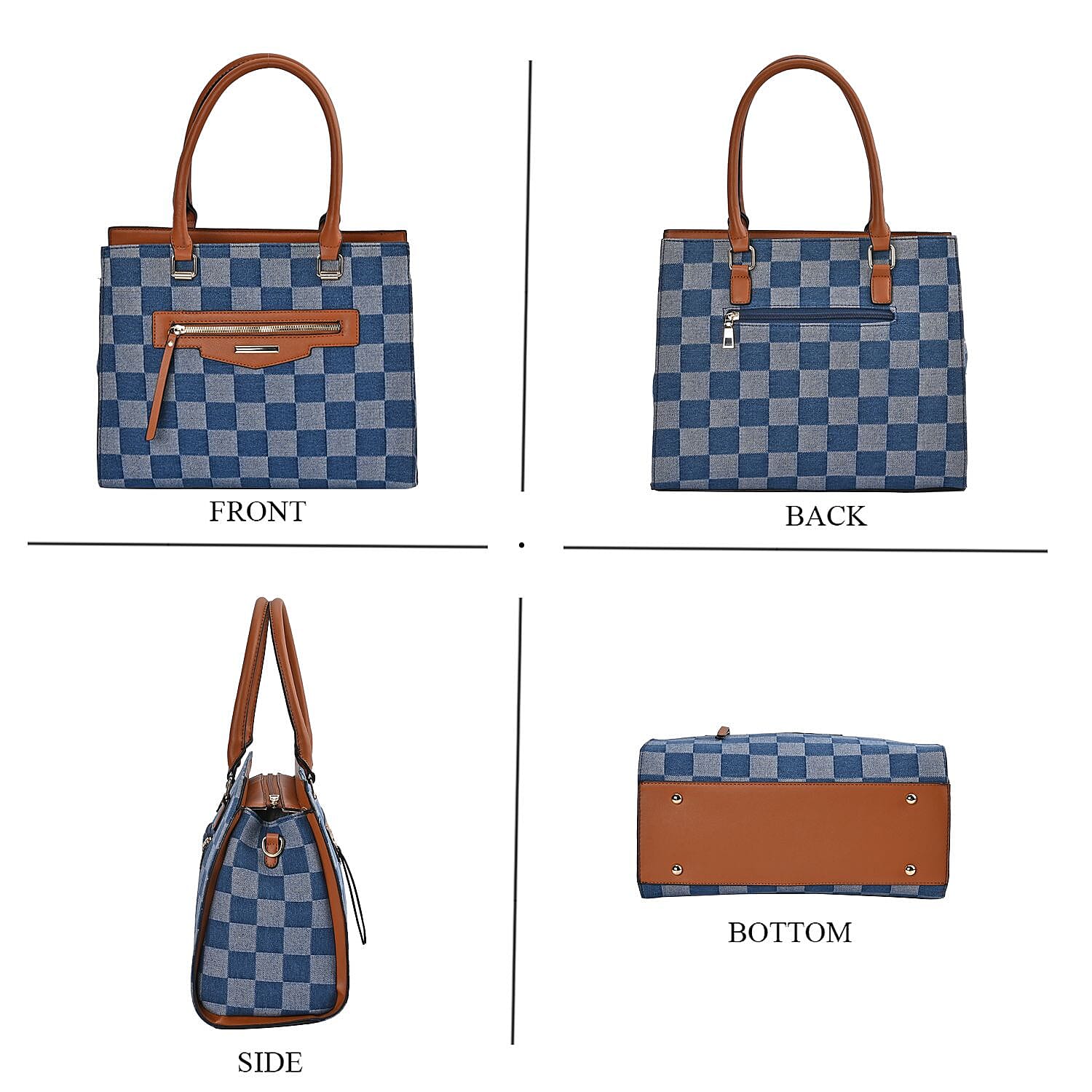 Checker Pattern Crossbody Bag With 2 Exterior Zipper Pockets &amp; Handle Drop - Blue 7565001 3