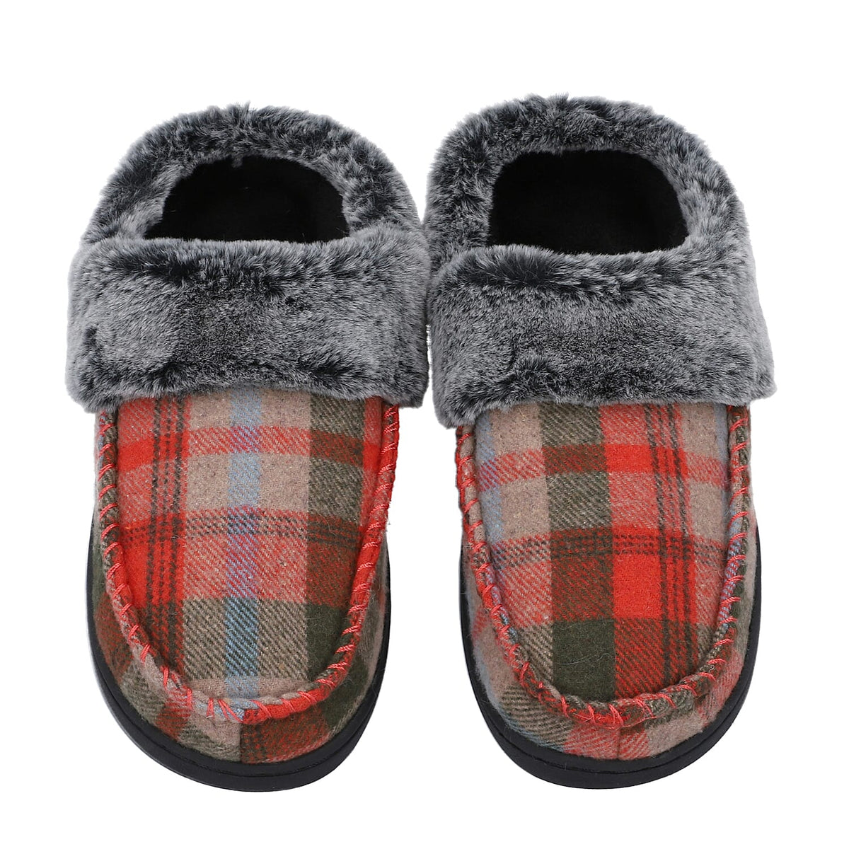 Checkered Pattern Faux Fur Slippers - Red and Grey 3871396 5