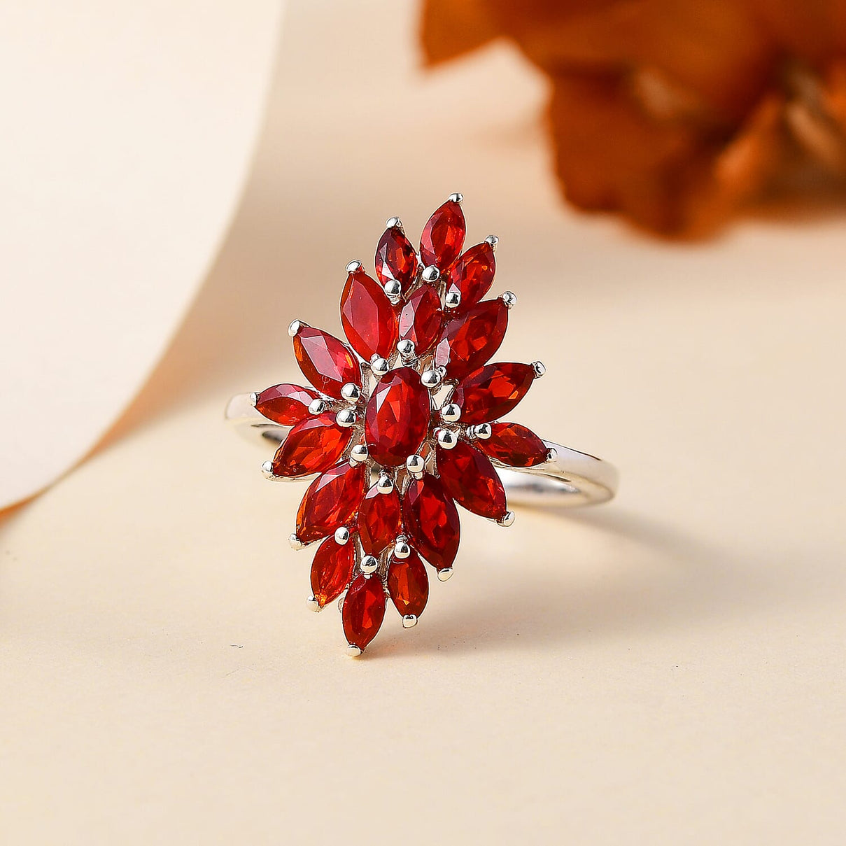 Cherry Fire Opal Cluster Ring in Rhodium Overlay Sterling Silver 1.92 ct 7877438 1