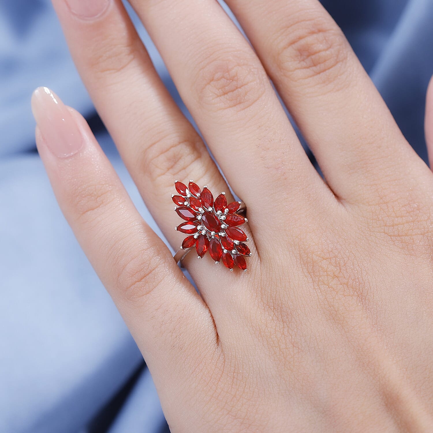 Cherry Fire Opal Cluster Ring in Rhodium Overlay Sterling Silver 1.92 ct 7877438 2