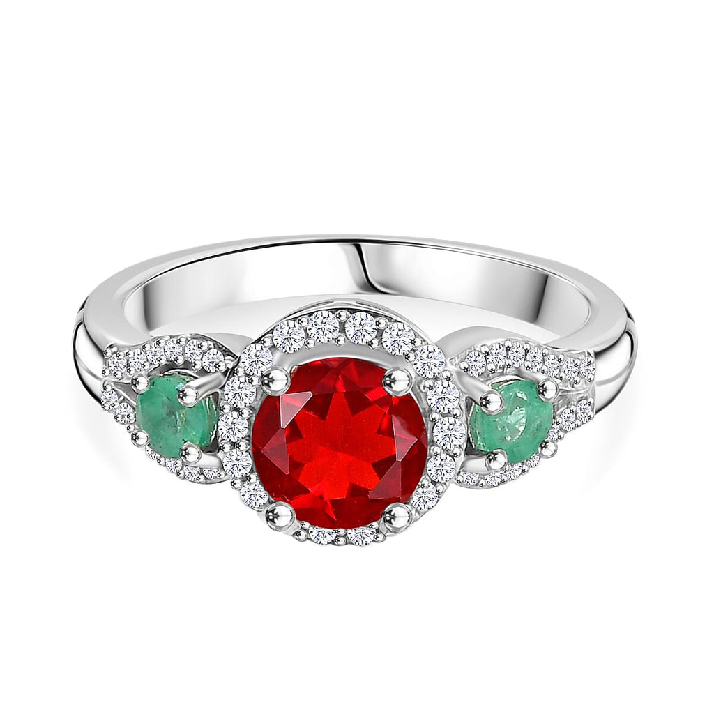 Cherry Fire Opal, Emerald & White Zircon Ring in Rhodium Sterling Silver 1.24 ct
