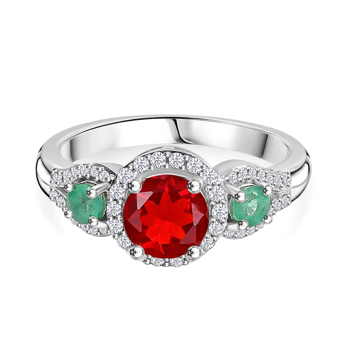Cherry Fire Opal, Emerald, White Zircon Ring in Rhodium Overlay Sterling Silver 7892326 0