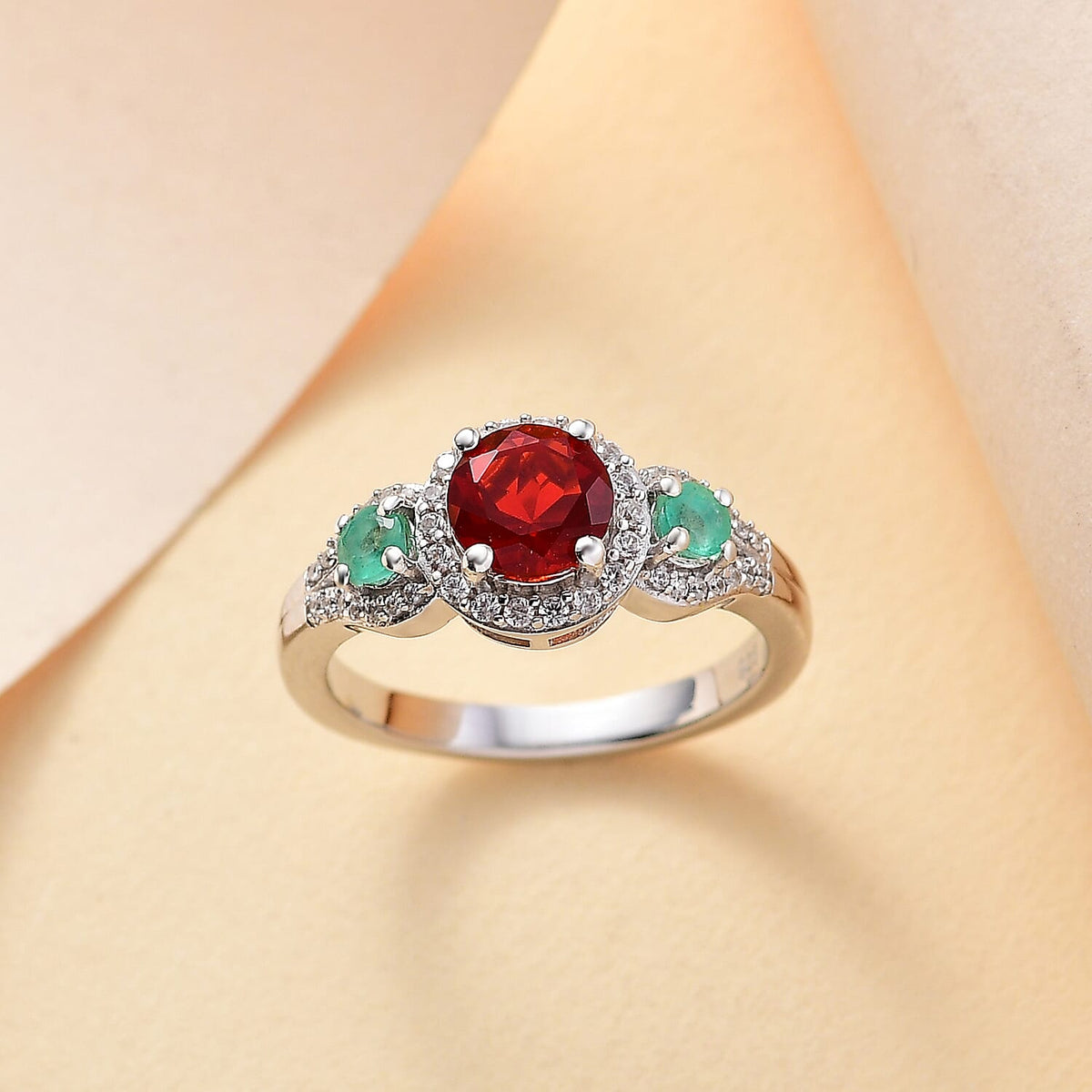 Cherry Fire Opal, Emerald, White Zircon Ring in Rhodium Overlay Sterling Silver 7892326 1