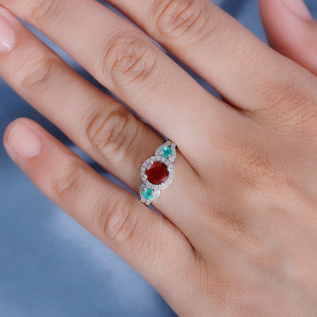 Cherry Fire Opal, Emerald, White Zircon Ring in Rhodium Overlay Sterling Silver 7892326 2