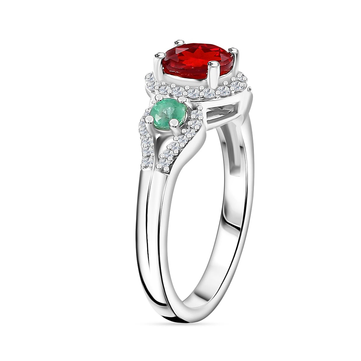 Cherry Fire Opal, Emerald, White Zircon Ring in Rhodium Overlay Sterling Silver 7892326 3